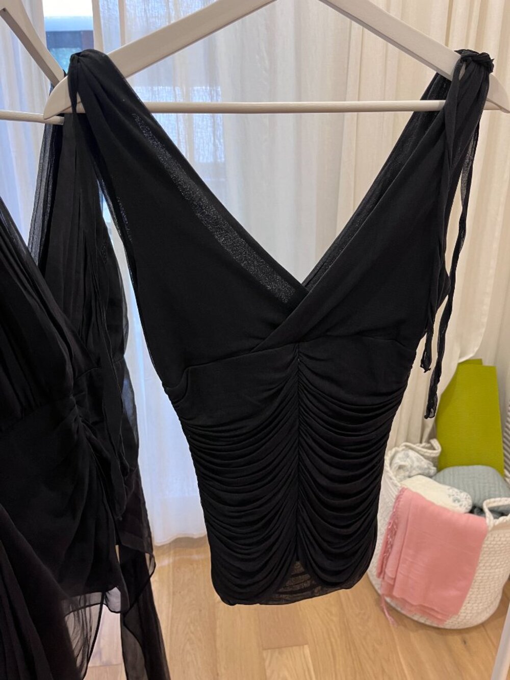 Vintage DVF Black Silk Chiffon Ruched Draped Evening Top, Size L, US 8-10 - Picture 8 of 11